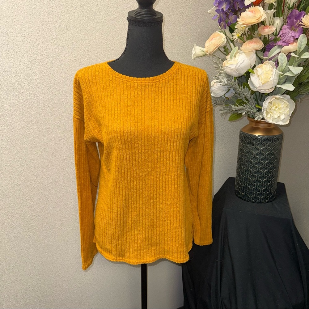 Cotton & Rye Mustard Yellow Ribbed Knit Long Sleeve Cozy Fall Sweater Top L